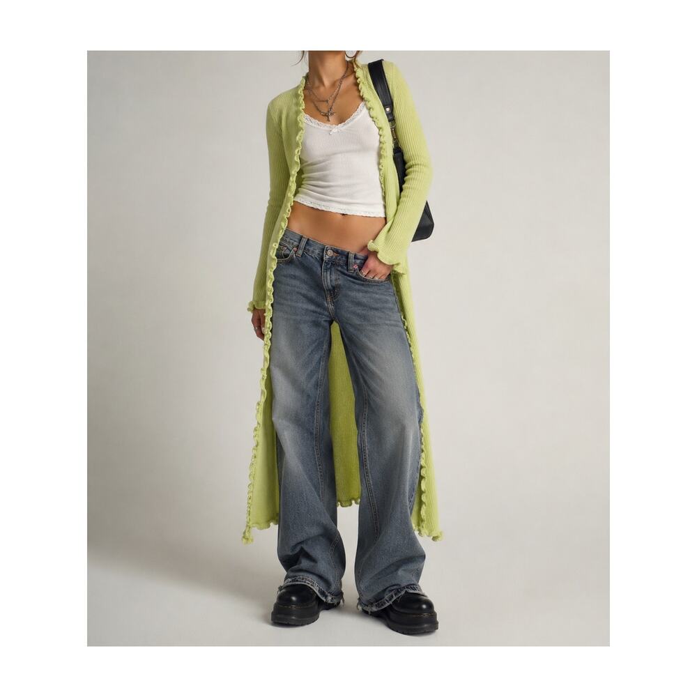 Alpaca Brand Lime Green Open Duster Cardigan Ruffle Edge L